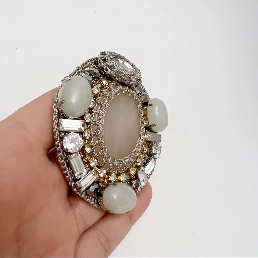 Ottaviani Bijoux Metallic Silver Crochet Cabochon Rhinestone Crystal Brooch